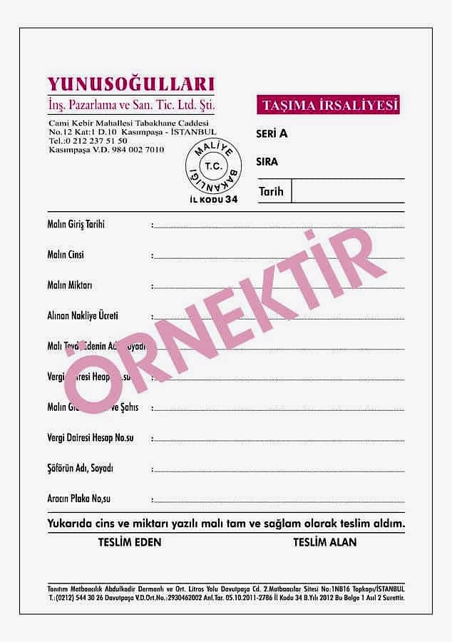 tasima irsaliyesi1 - Taşıma İrsaliyesi
