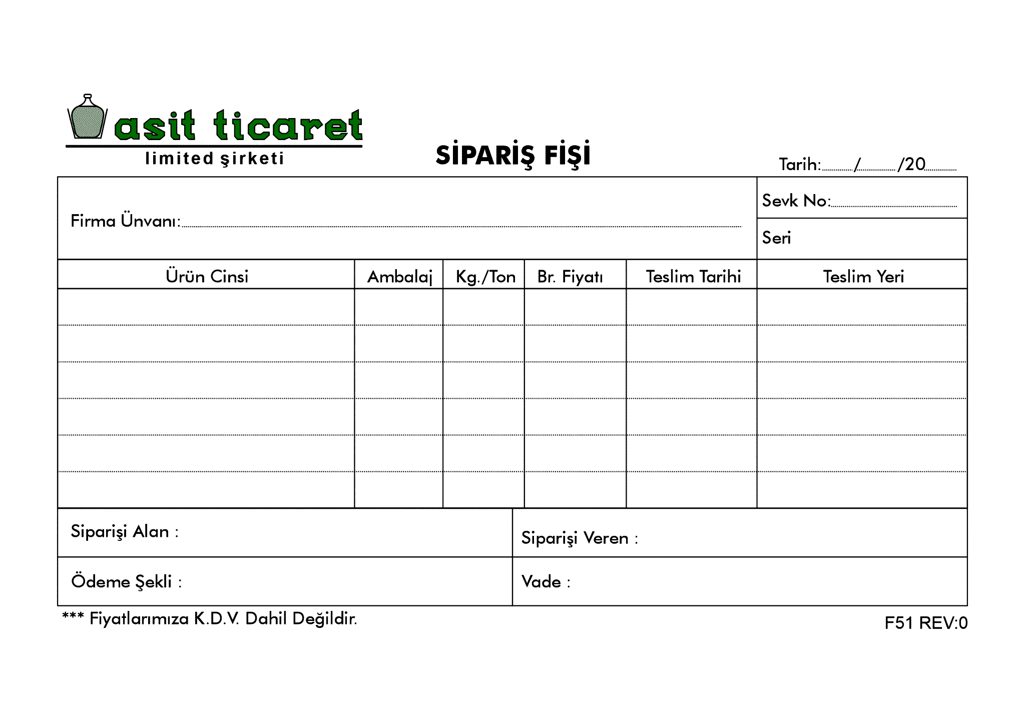 Asit Ticaret Sipariş Fişi - Sipariş Formu