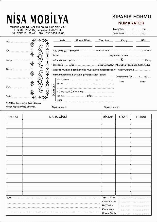 Nisa Sipariş Formu 1 - Sipariş Formu