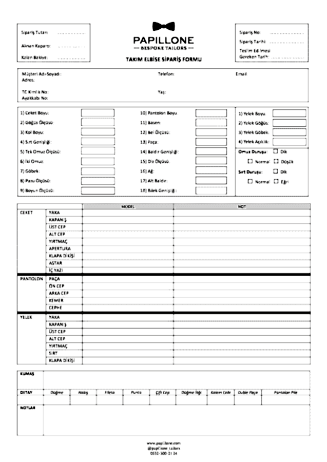 Papillone Takım Elbise Sipariş Formu 1 - Sipariş Formu